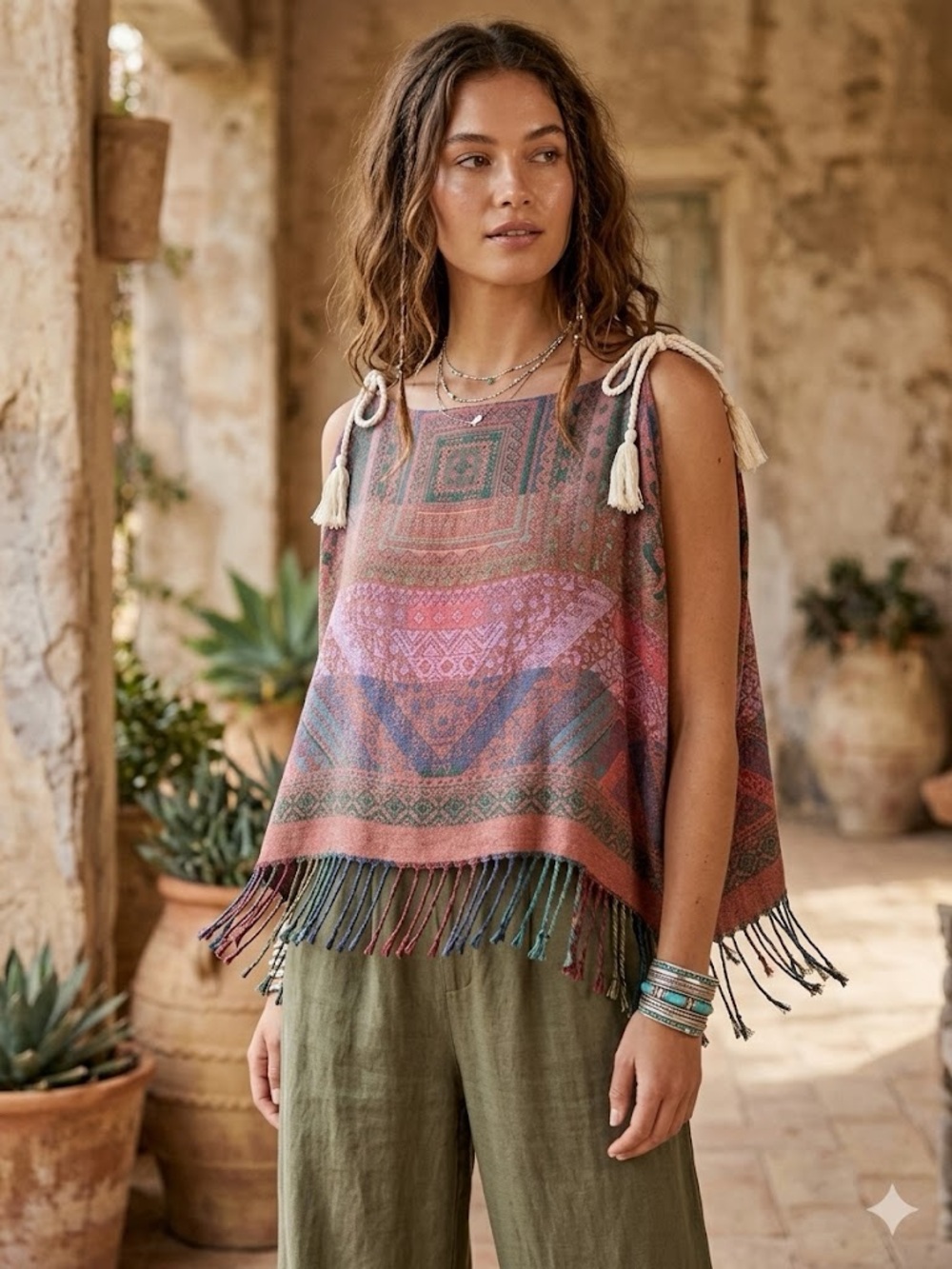 Ary Collection Boho Fringe Tie-Shoulder Poncho Top Woven Geometric Tassel Blouse